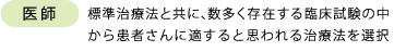 医師　標準治療法と共に、数多く存在する臨床試験の中から患者さんに適すると思われる治療法を選択